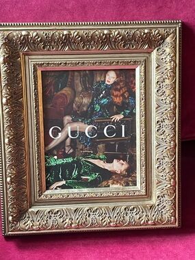 🆕 GUCCI PRINT Framed Art Home Decor 8” x 10” picture thick gold brass frame